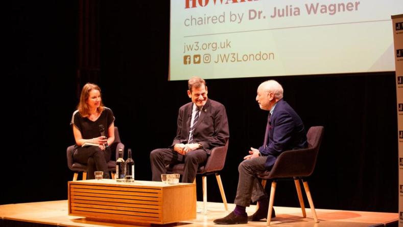 Howard-Rosenman-centre-and-Andre-Aciman-speak-at-JW3